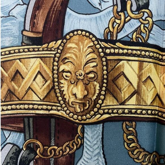 Hermes  Bride de Cour Brown, Blue, White, and Gold 100% Silk Scarf 90cm Square - Picture 15 of 16